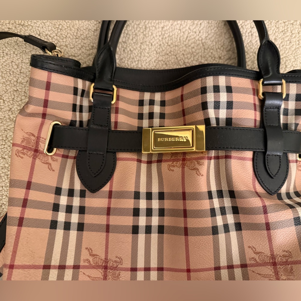 BURBERRY Haymarket Check Coated Canvas Medium Goldtone Tote Bag - Picture 4 of 16